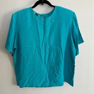 Vintage Braun Style Blue Top Round Neck Back Button Pullover Short Sleeve Sz M